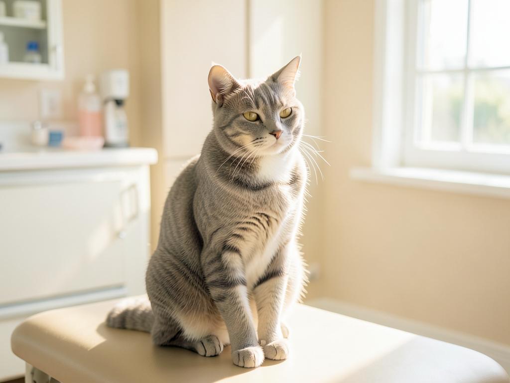 Gato sereno en una sala veterinaria luminosa